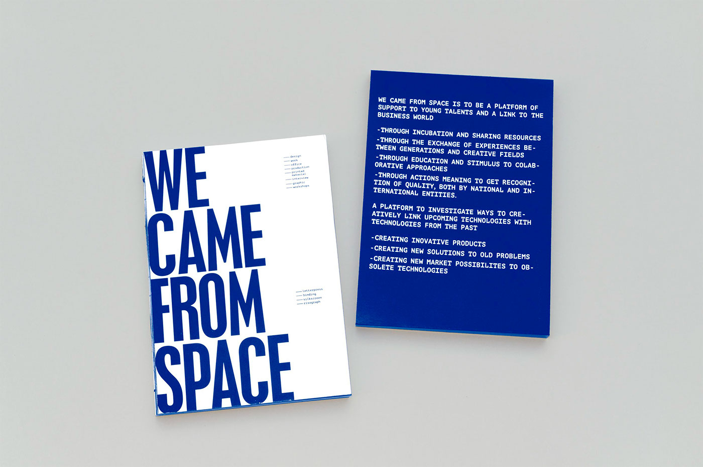 Space  blue White book editorial interviews Printing Serigraphy Office letterpress Book Binding video mapping silkscreen Production risography