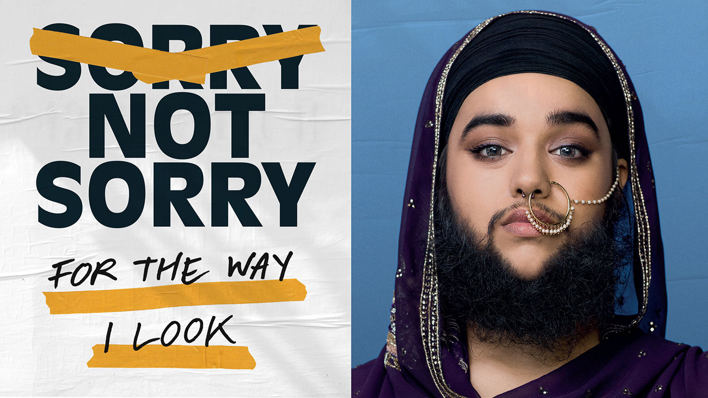 BBC BBC3 campaign bilboard Harnaam Kaur Sorry Not Sorry typography   photoshoot portrait queer