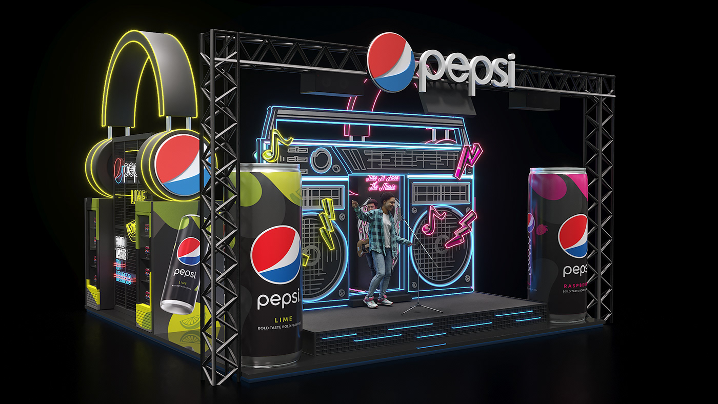 3d design art black booth disco lime and raspberry music neon pepsi activation