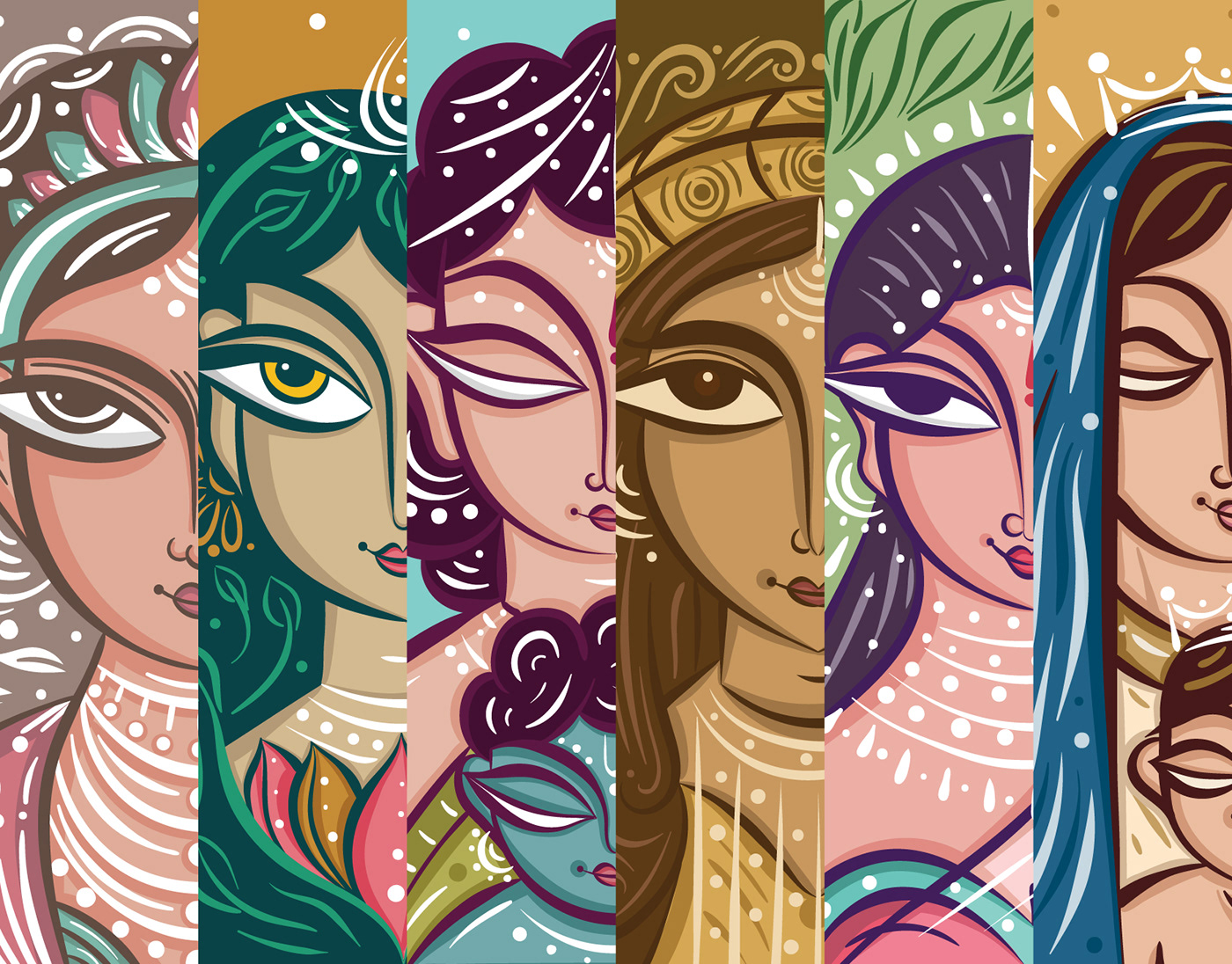 Indian Women in Mythology / History illustrated in Neo Bengal Pattachitra, aka Bengal Pattachitra