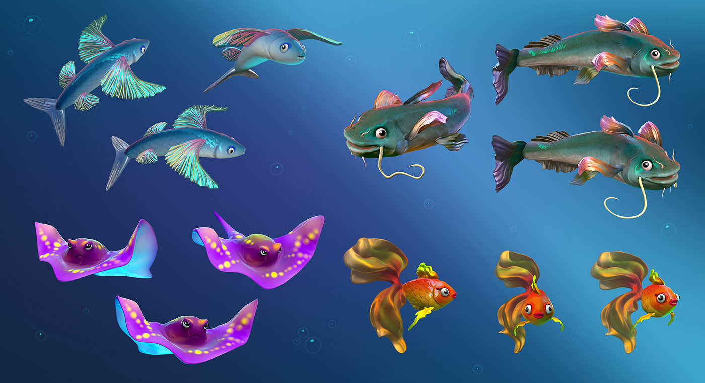 fish aquarium Character design  stylized character cartoon character fishart 3dcharacter 3dsculpting fishdesign casual game