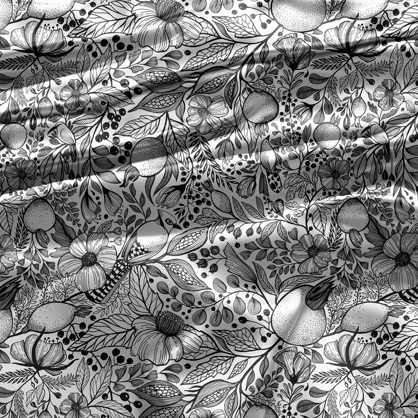 Flowers Nature birds Fruit black and white Plant floral textile print design  nature illustration