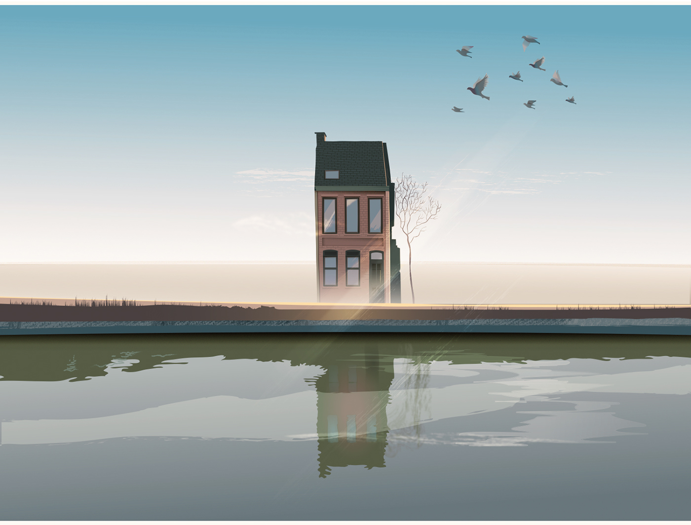 ILLUSTRATION  animation  house loop reflection Landscape vector Window lake birds