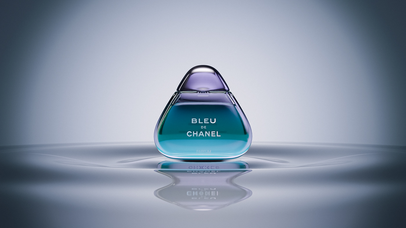 Blue de Chanel Perfume bottle rendered as a CGI.
