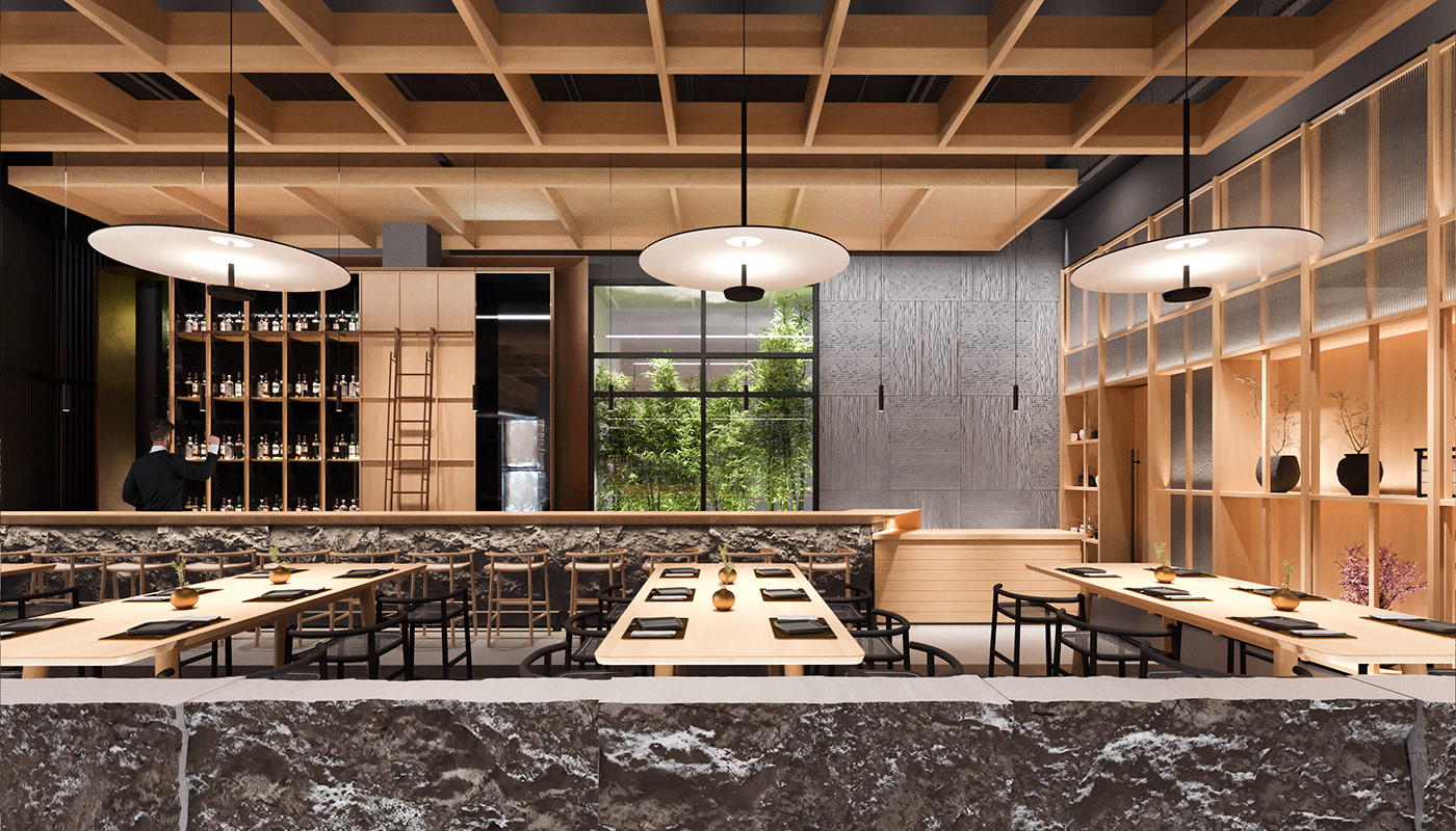 architecture archviz contemporary corona design interior design  japanese Render restaurant visualization