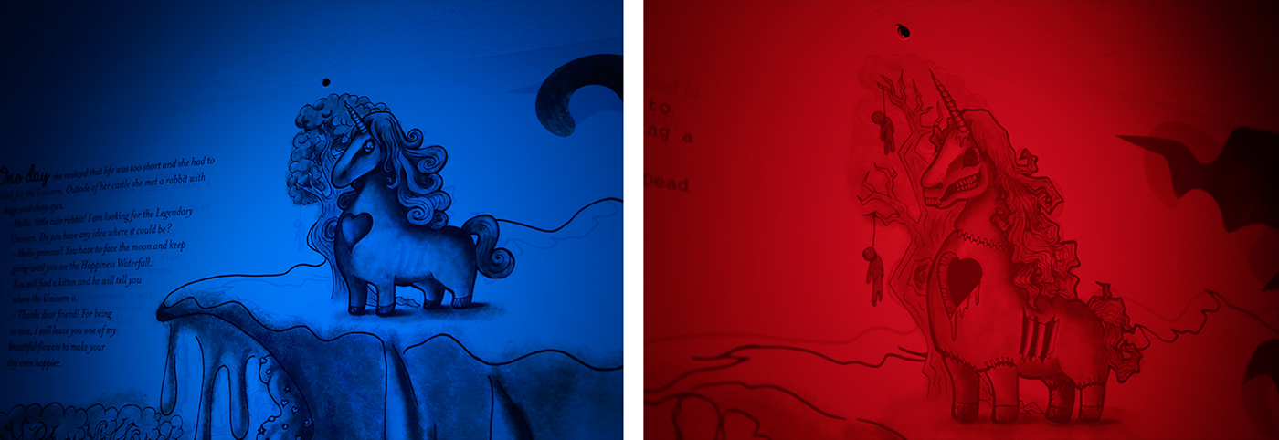 hand drawing fairy tale tale cute creepy duality Red filter blue filter  lighting flashlights