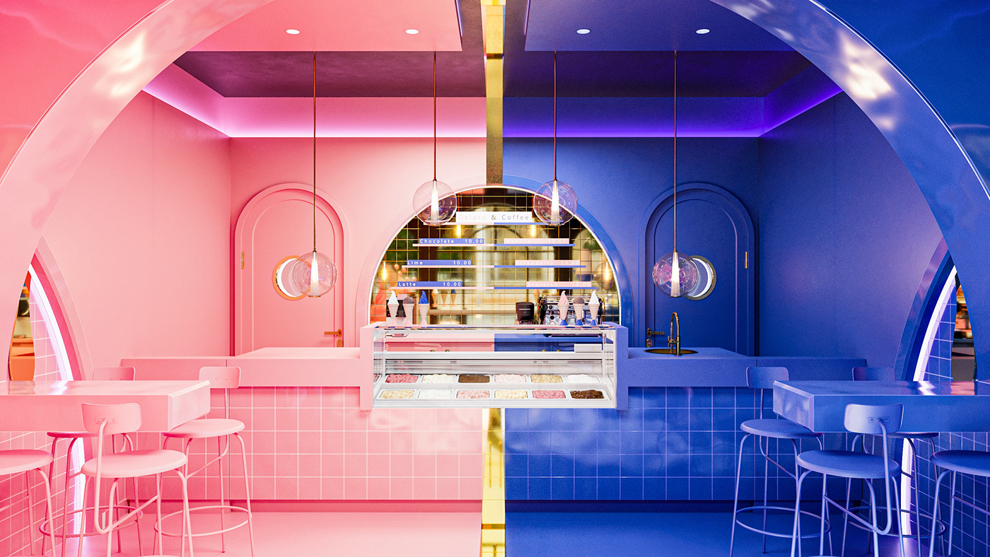 architecture cafe design Gelato ice cream Interior interior design  Render restaurant visualization