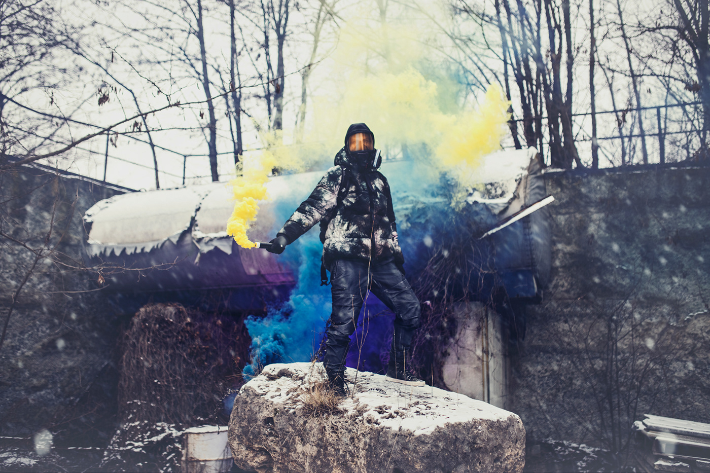 mask apocalypse cyan LEDlights purple Scifi smoke survival winter woods