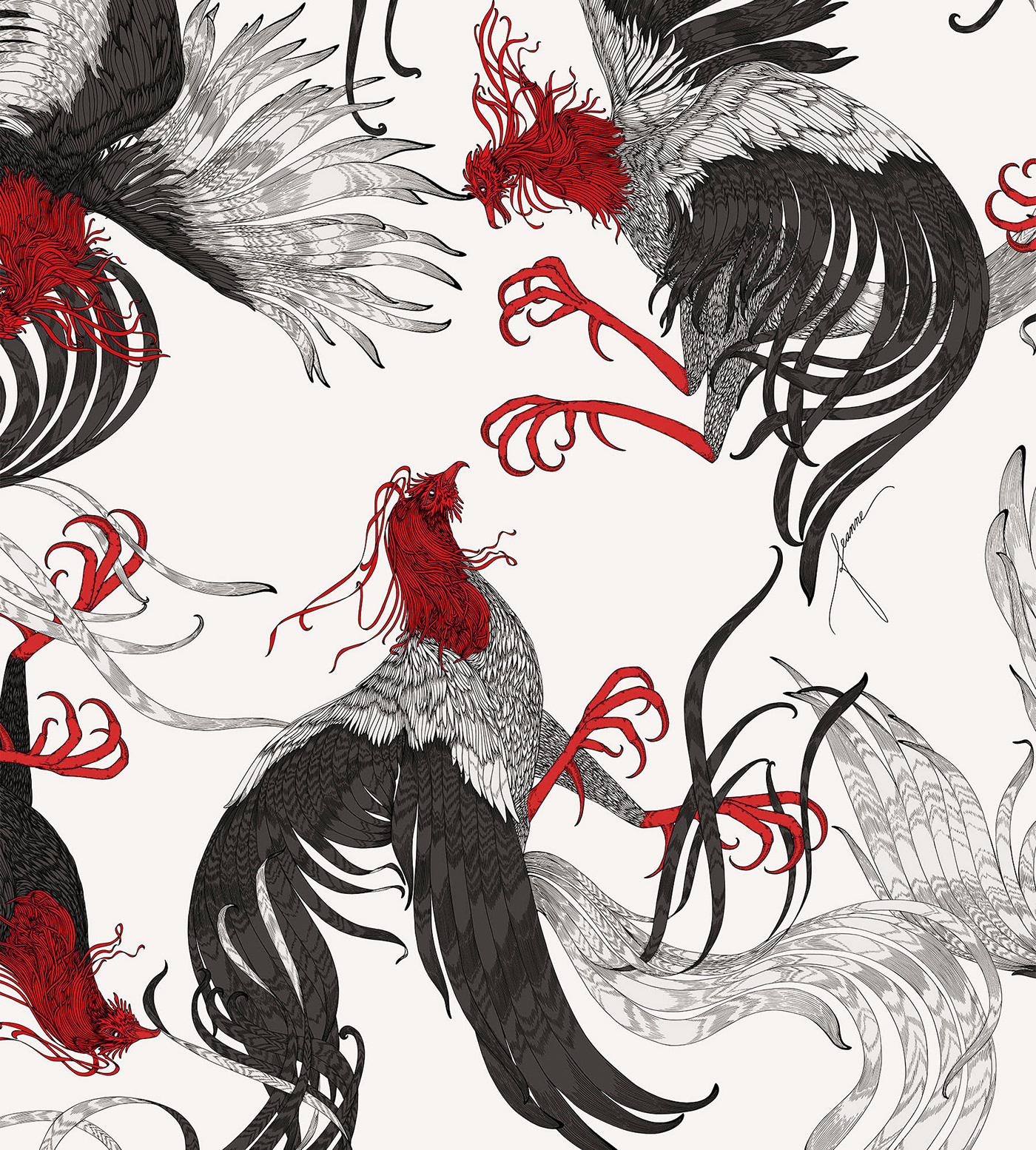 art nouveau bird hand-drawn ILLUSTRATION  ornate pattern design  Rooster textile design 