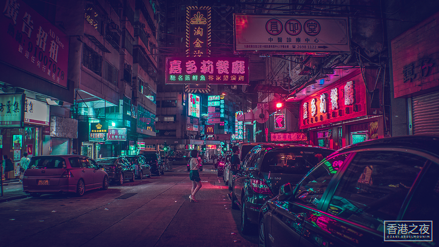 Neo-Noire vaporwave Cyberpunk futuristic Urban Street Photography  night neon Hong Kong