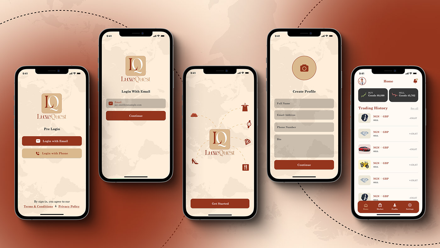Mrsoftwarepk mhraza trade app design ui design UI/UX Lifestyle app LuxeQuest app luxury app design Online business app Online Trading App