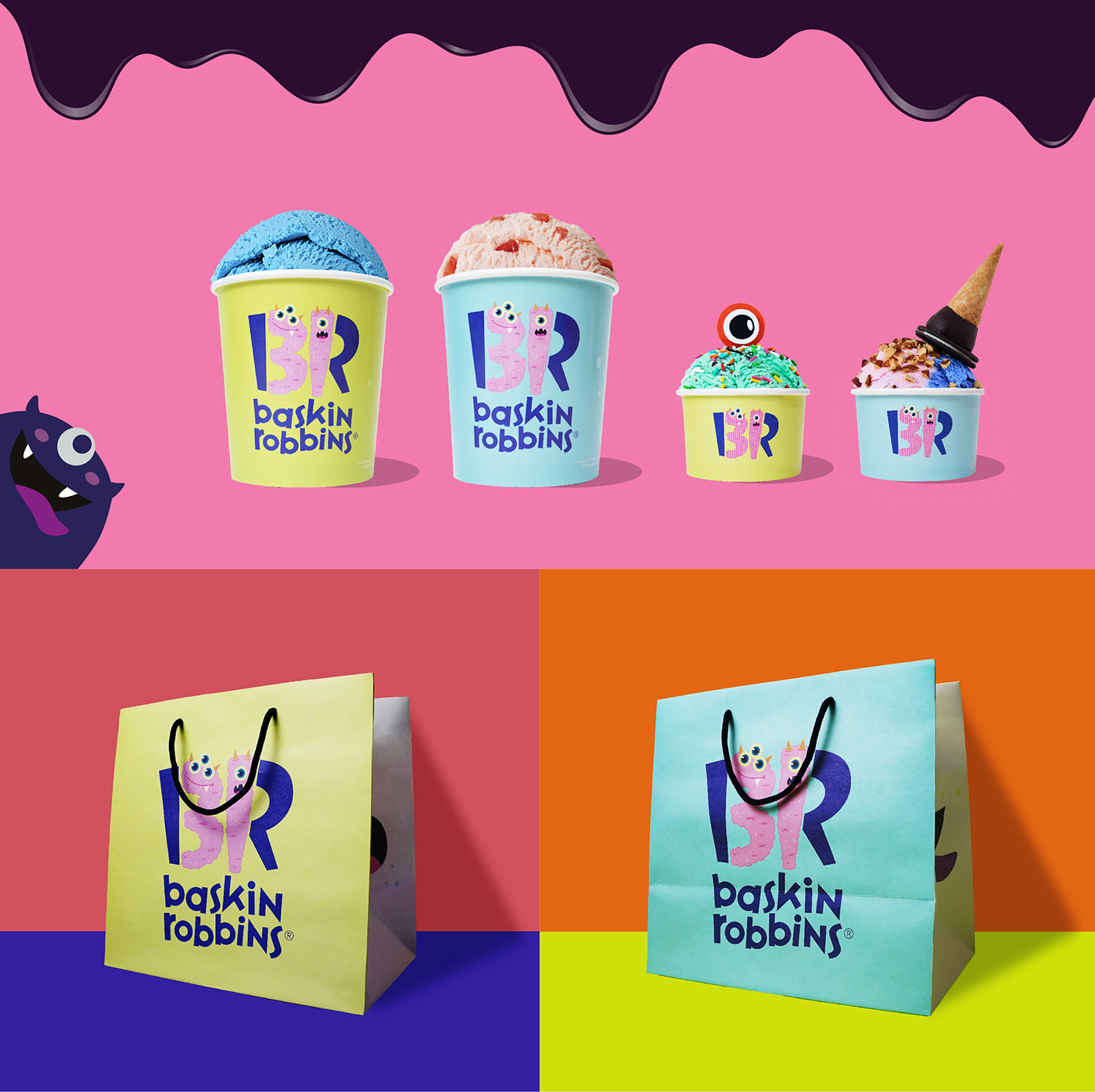 Baskin Robbins brand identity campaign Dessert Photography helloween ice cream ILLUSTRATION  Logo Design monsters packaging design