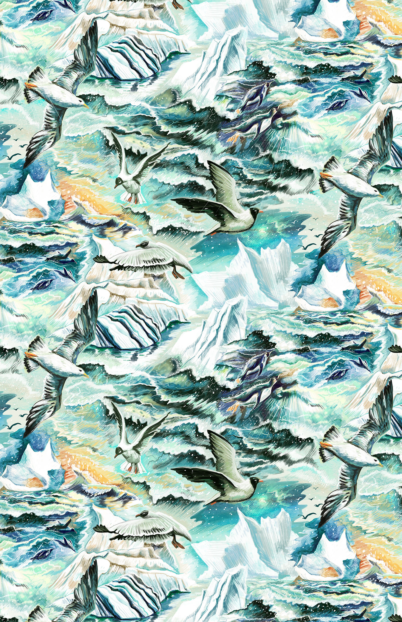 pattern ILLUSTRATION  Nature iceberg gull Ocean sea nautical blue waves