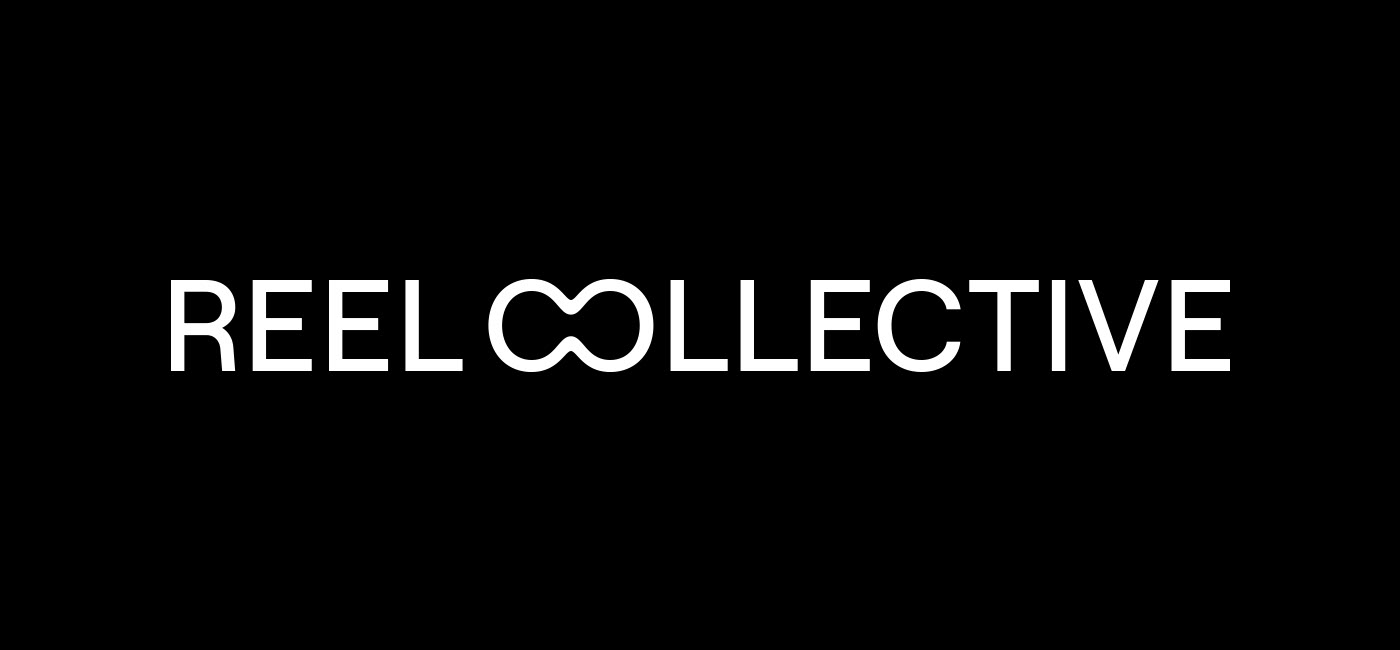 Reel Collective white logo on black background.