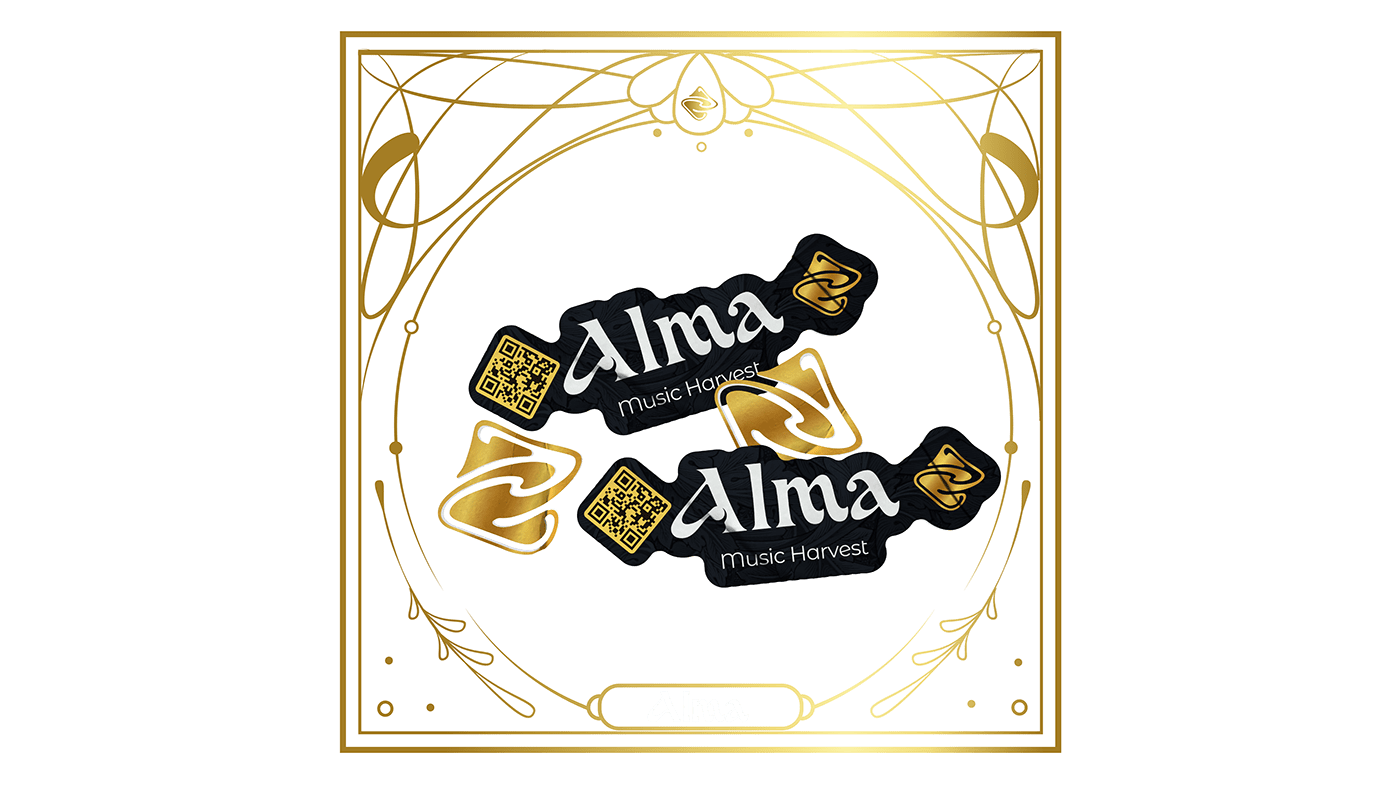 alma music harvest art nouveau brand david espinosa dj producer electronic music gold logo Type Sailor lettering
