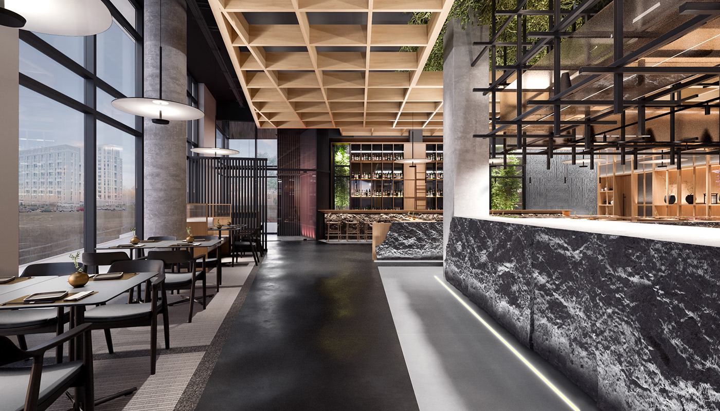 architecture archviz contemporary corona design interior design  japanese Render restaurant visualization