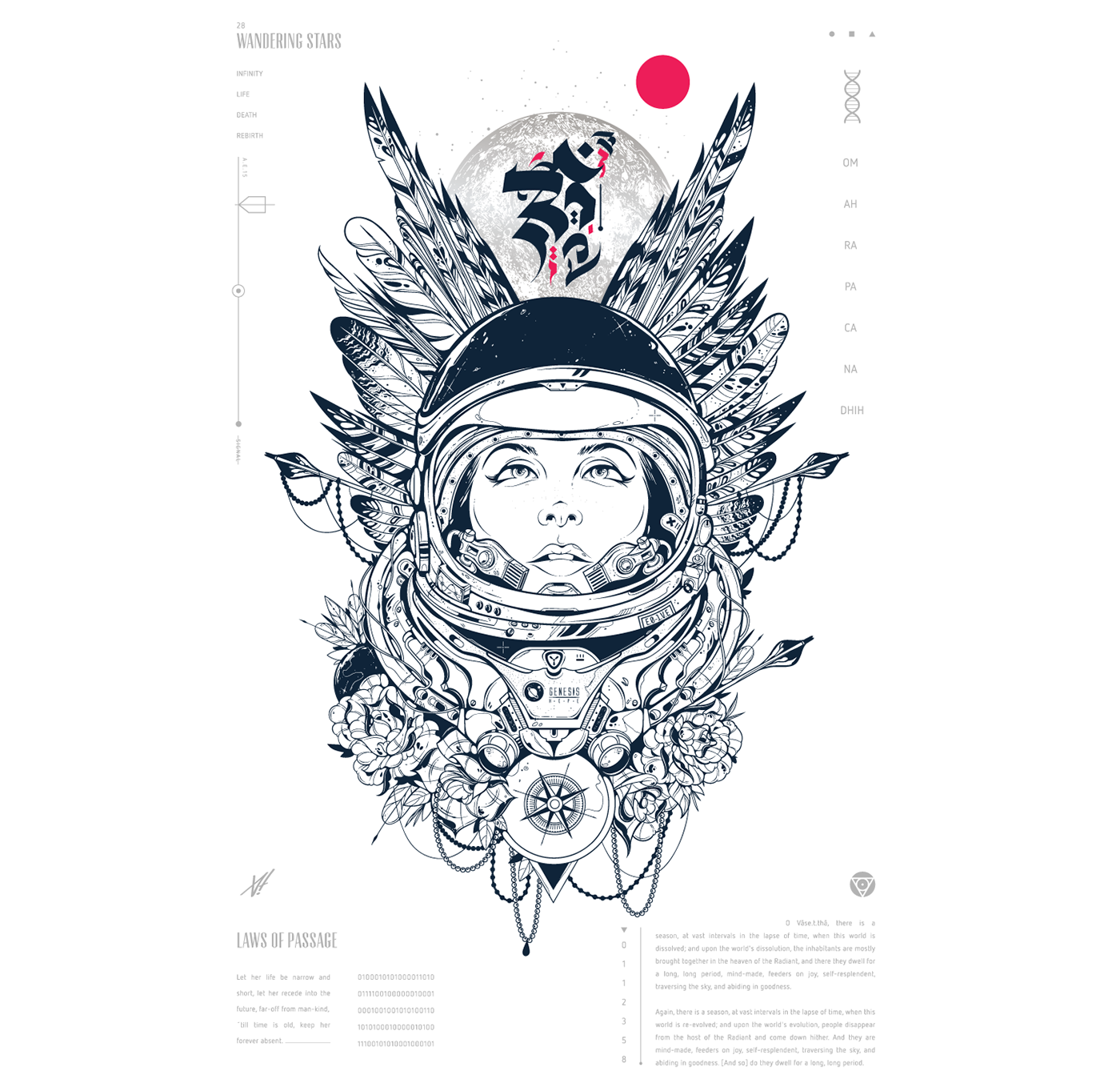 Vector Illustration astronaut tribal ornaments feathers Space  Sci Fi Mantras aum om Roses compass lettering Space time moon screen print human race
