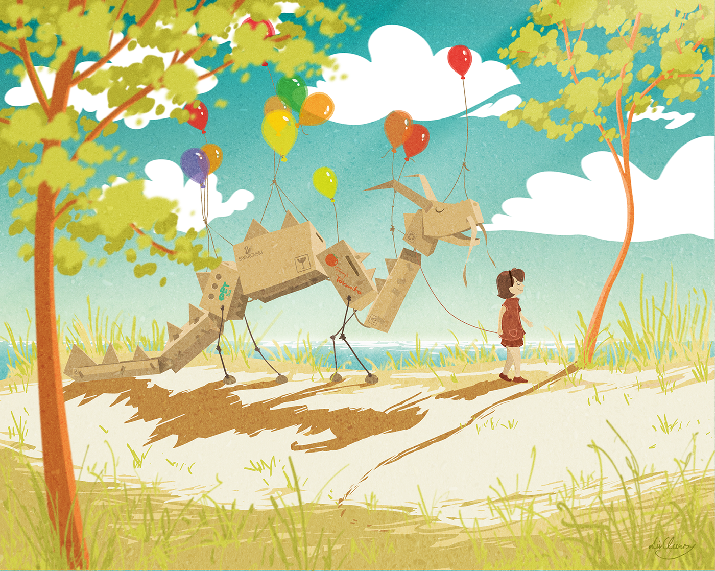 girl atmosphere balloons clouds clumsy cute digital painting dirclumsy dragon peter nagy summer Sunny vector painting