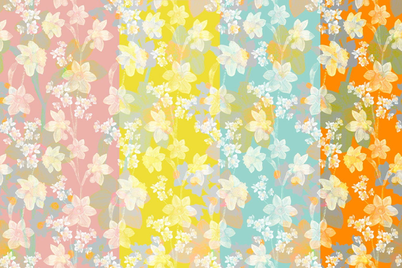 botanical colored pencils design fabric Flowers seamless pattern WILD FLOWERS daffodils spring art