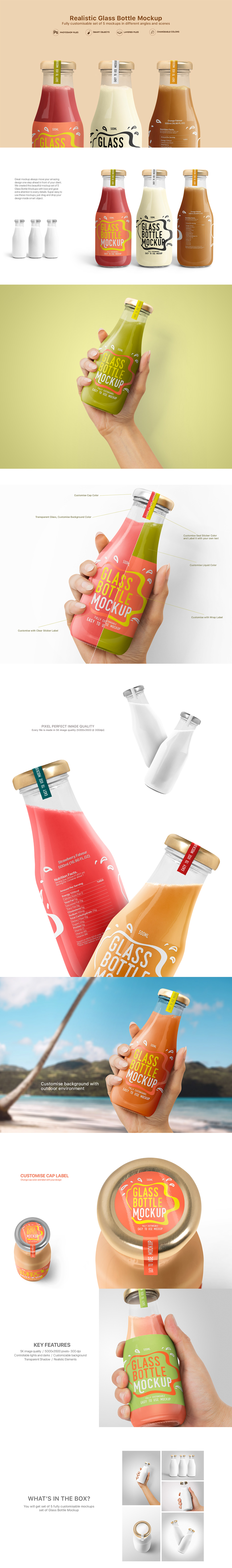 bottle glass juice Label milk Mockup Packaging shake smoothie transparent