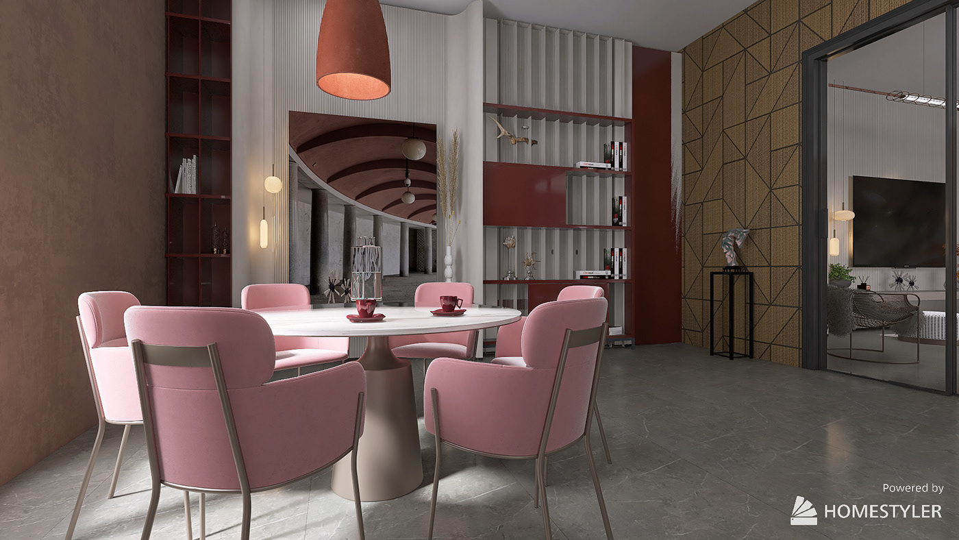 3D cranberry indoor interior design  mulberry pink Render visualization woman