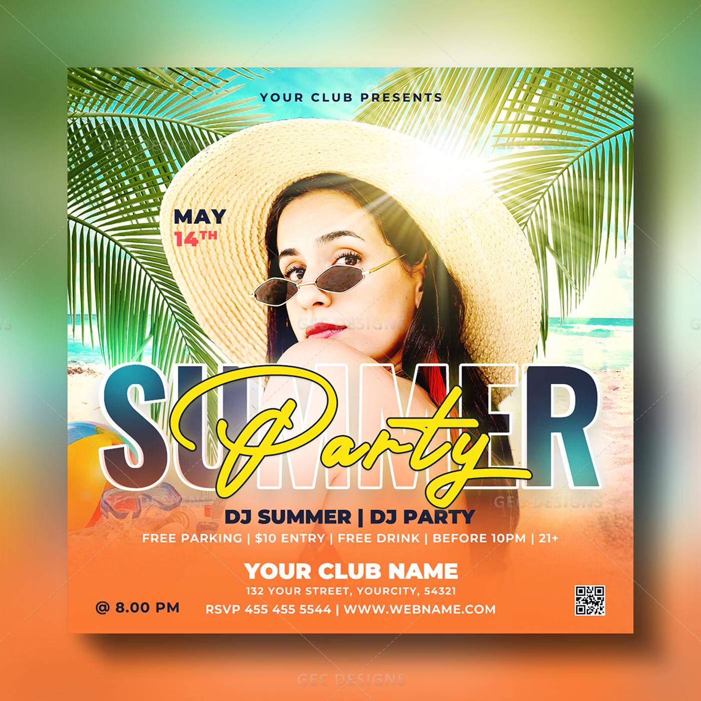 This lively and dynamic Fun in the Sun Summer Party Flyer design.