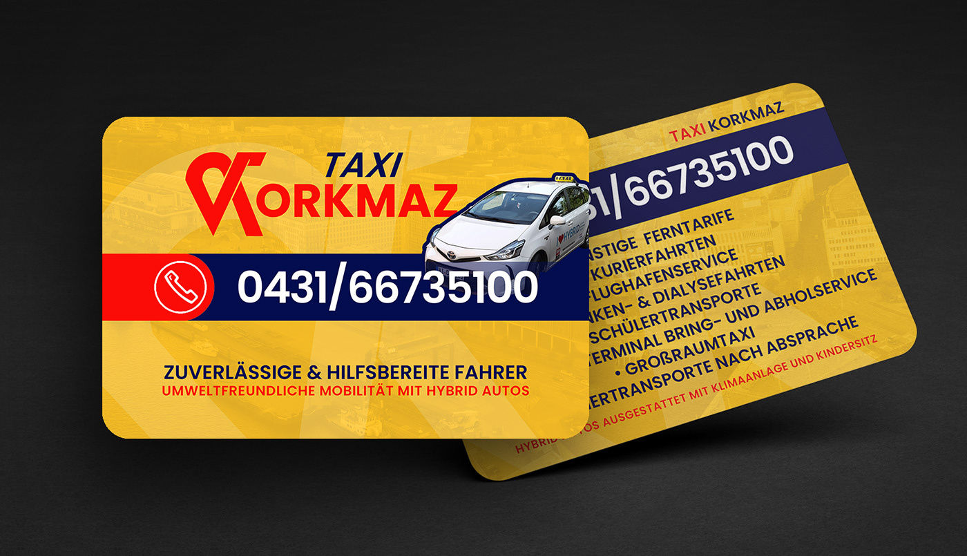 Visitenkarte Taxi Korkmaz Vorderseite und Rückseite