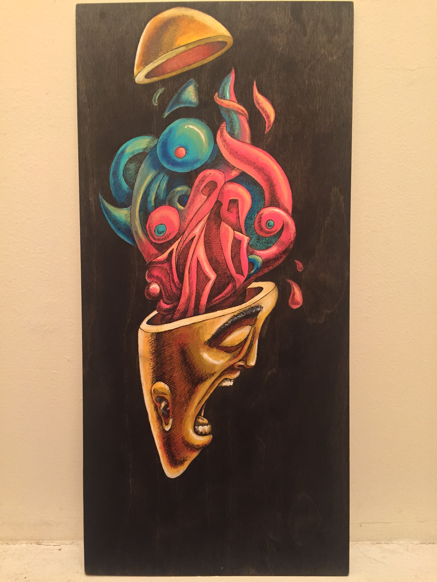 surreal painting   acrylic ink thought mind head float wood