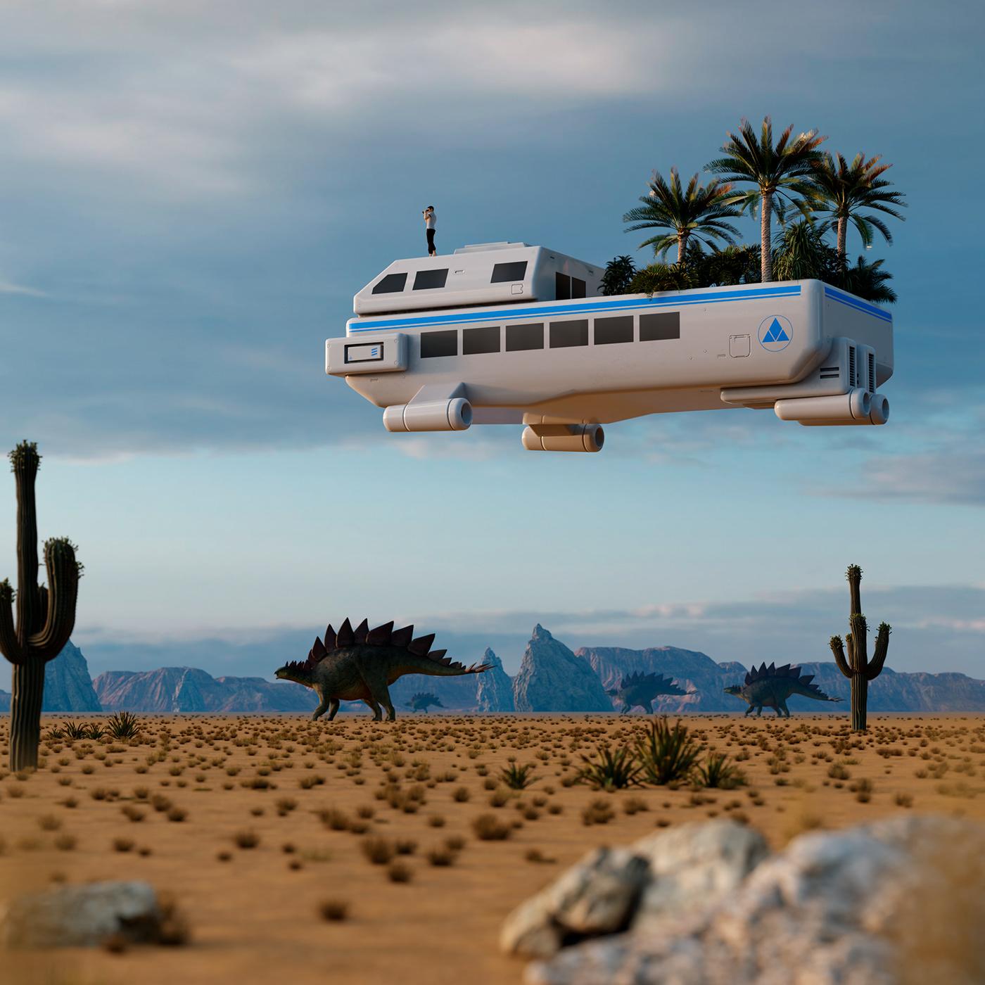 3D blender desert Dinosaur fantasy float Landscape Render Scifi SKY
