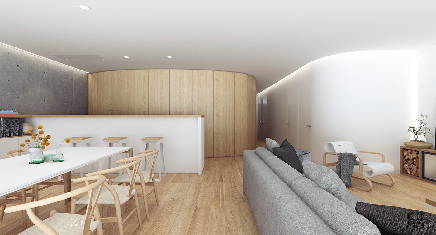 3D Render flat apartment Interior design photoshop 3dmax minimal vray living kitchen wood paimio Carlhansen