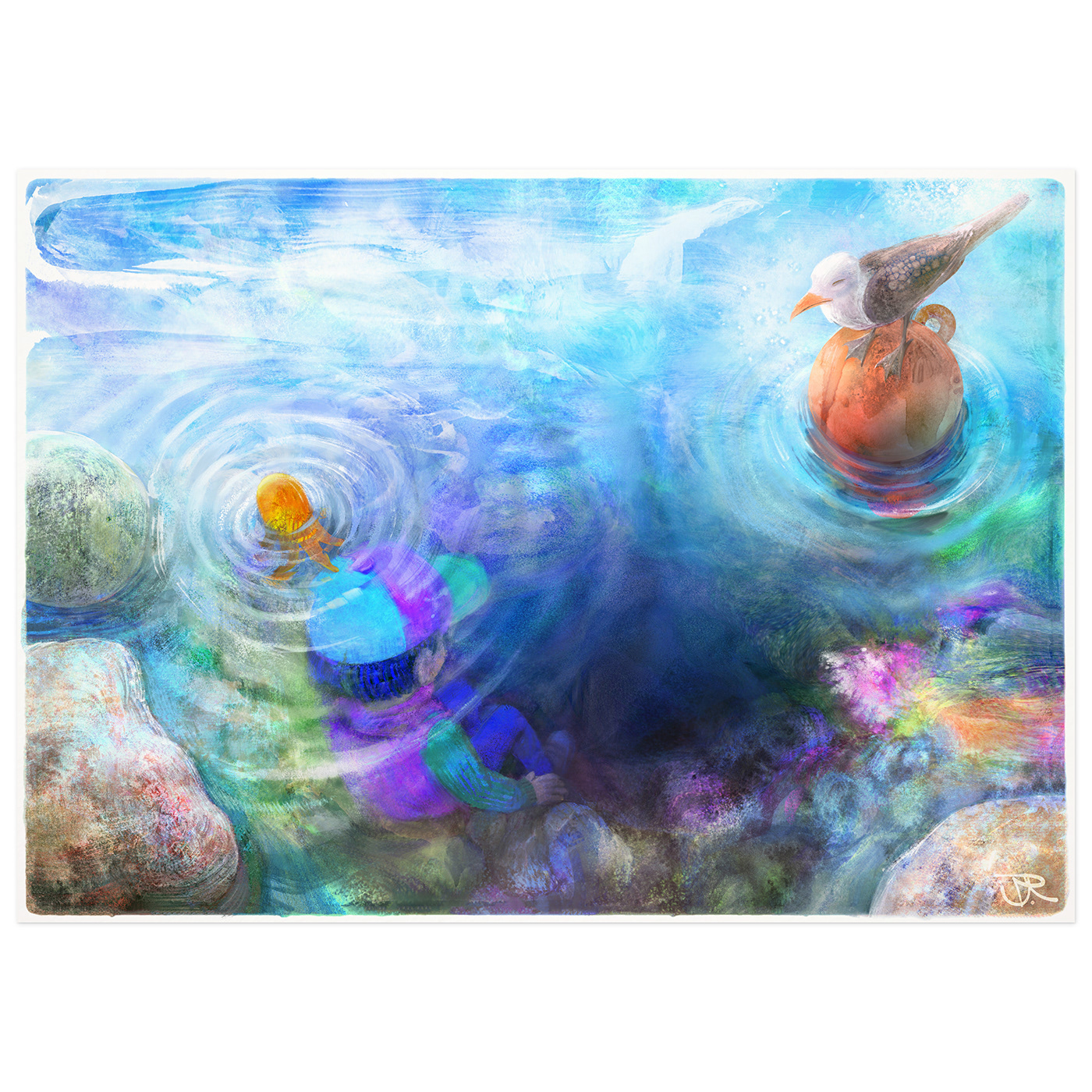 Character children's book depression Ocean painting   submarine texture underwater