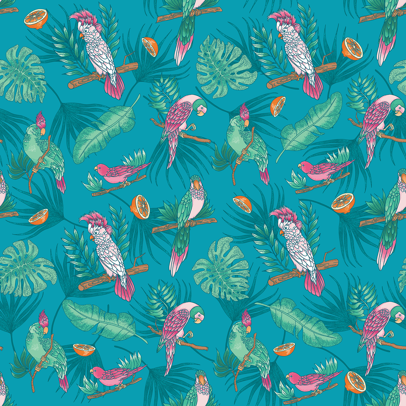 pattern design  Tropical birds parrots palms ILLUSTRATION  wallpaper surface design Wallpaper design Repeat Pattern