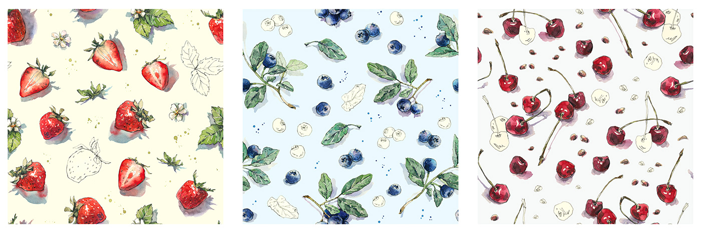 seamlesspattern watercolor textille Fashion  wallpaper botanical sketch berries strawberries Cherries blueberries kidswear wear surfacedesign watercolorpattern womanswear wrappingpapper