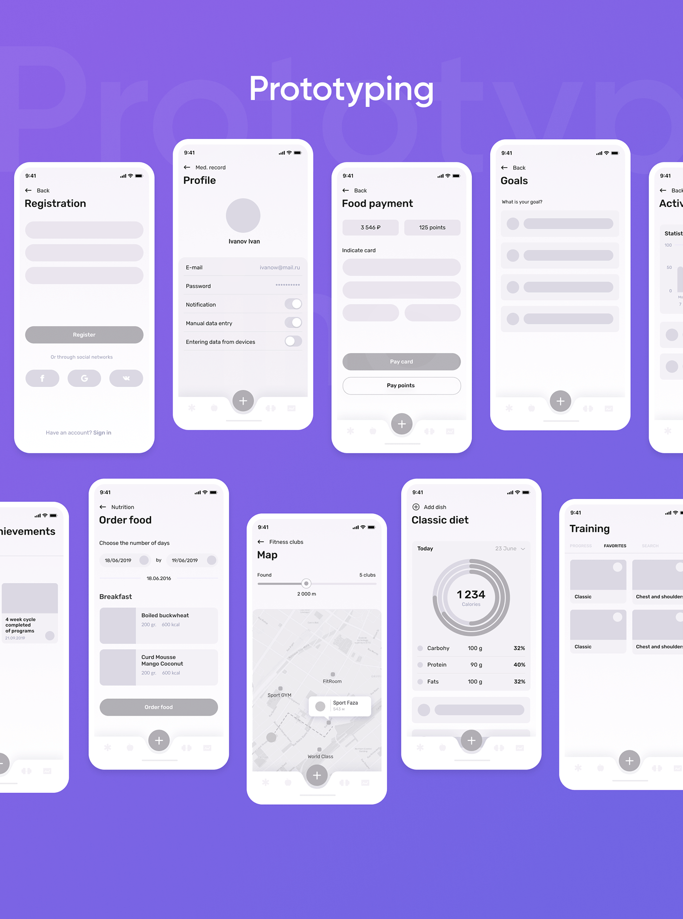 Prototyping screens of the app