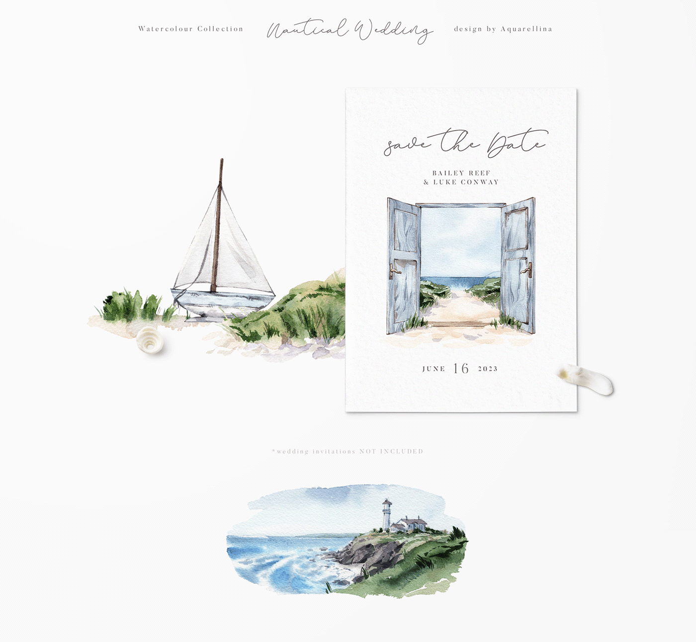 clipart illustrations invitations Landscape nautical Ocean sea watercolour wedding wedding stationery