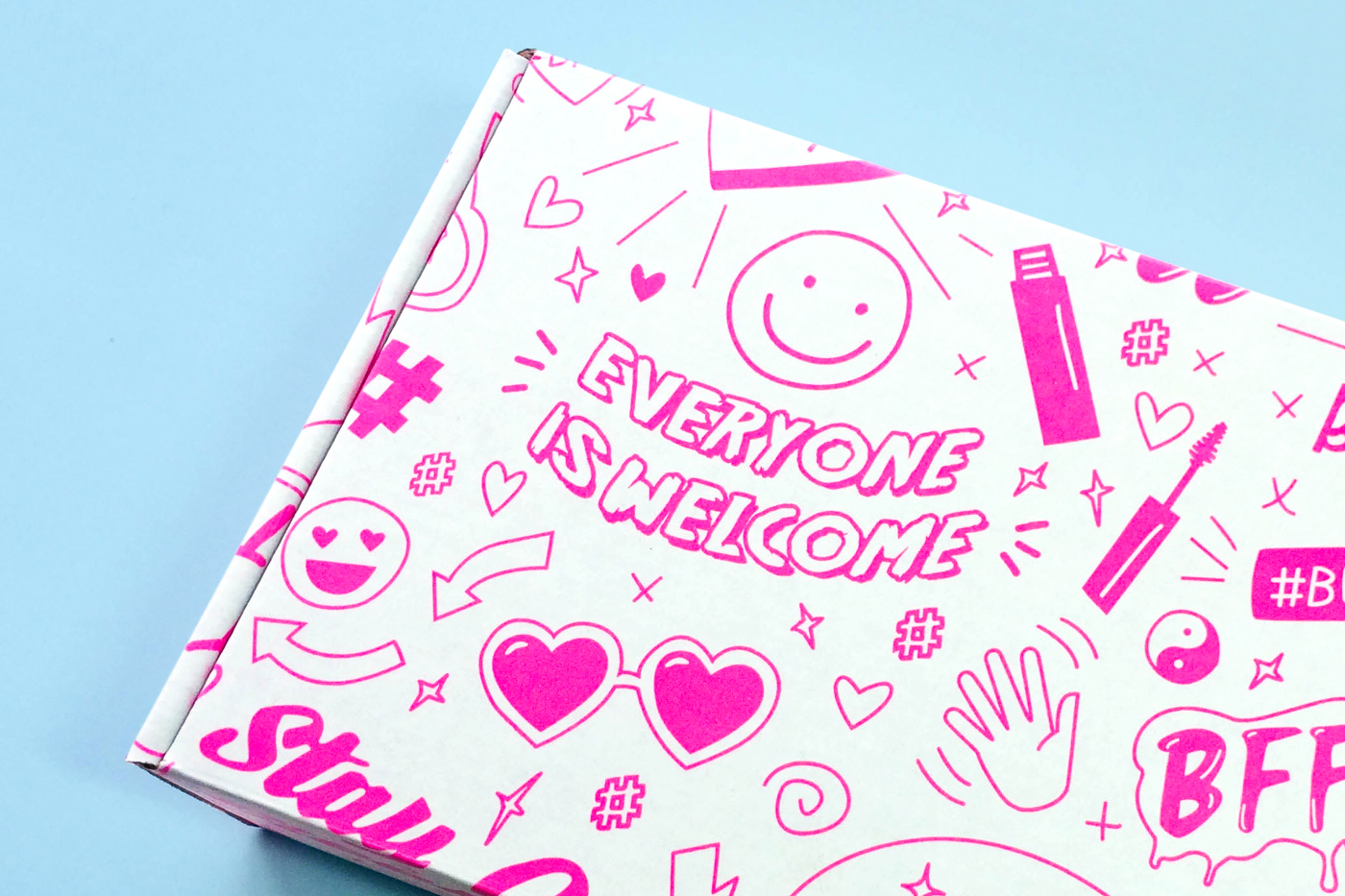 bff subscription box beauty icons Emojis makeup hand drawn Style package pink doodles neon