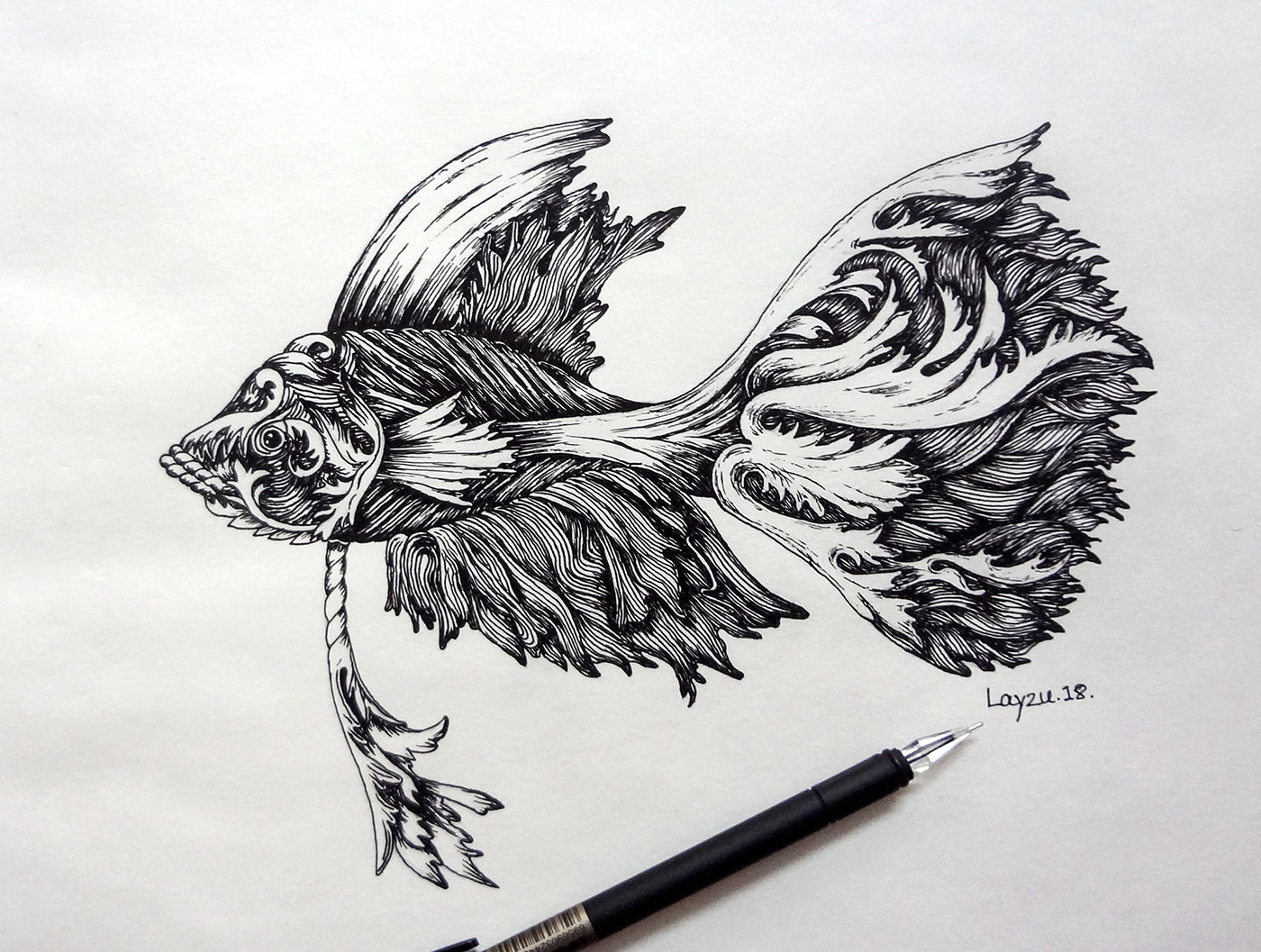 line drawing gel pen paper fish floral Fine Arts 