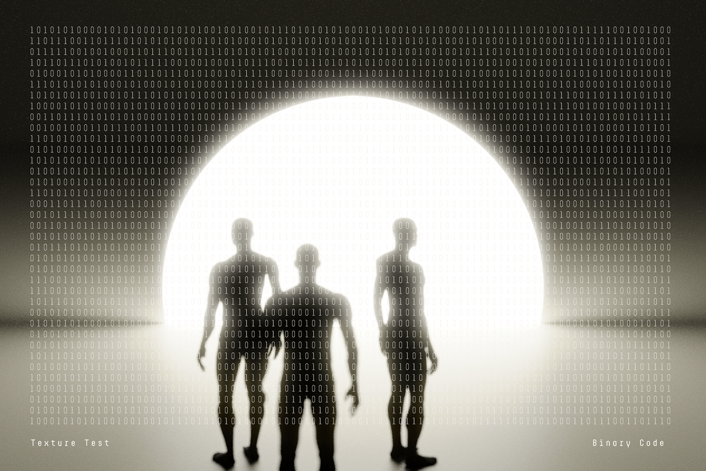 binary code over 3 men approaching a sphere of light