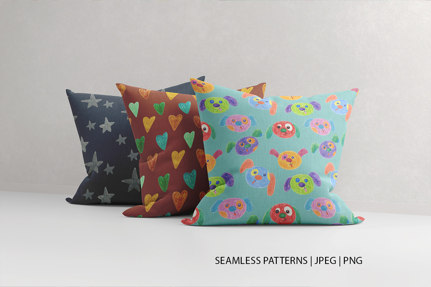 seamless pattern of hand-drawn with wax crayons of dog muzzles, hearts and stars on the pillows