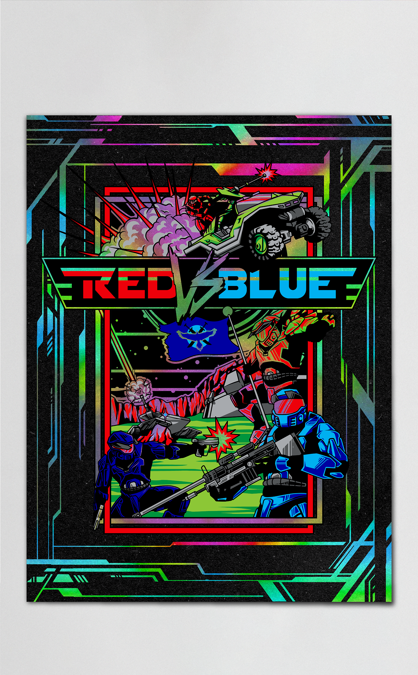 Rooster Teeth rvb red vs blue Halo Microsoft arcade poster Merch shirt Holofoil