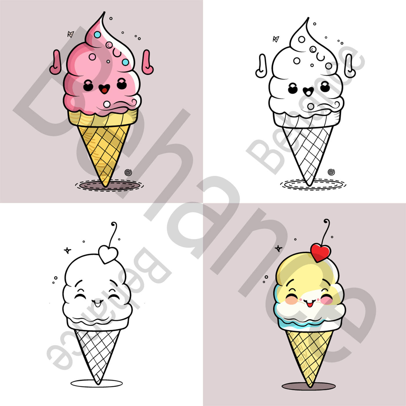 Cute Ice Cream Cartoon line art vector Icon illustration, Food drink Flat Cartoon Concept Pro Vector