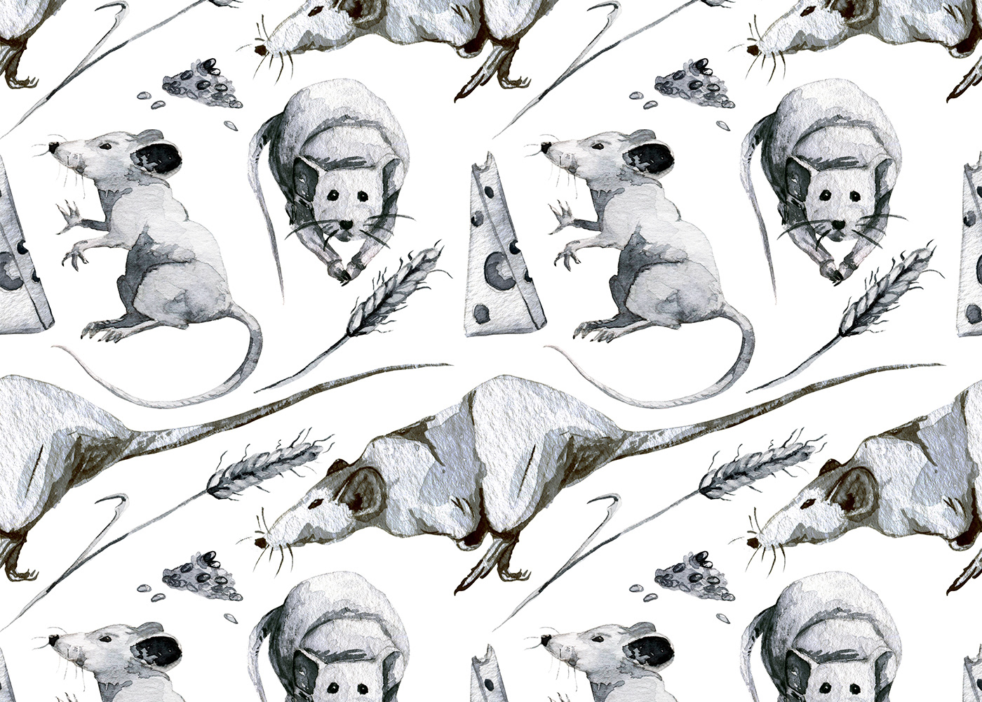 black and white mice seamless pattern watercolor animal fabric design hand-drawn ILLUSTRATION  paynes grey rat