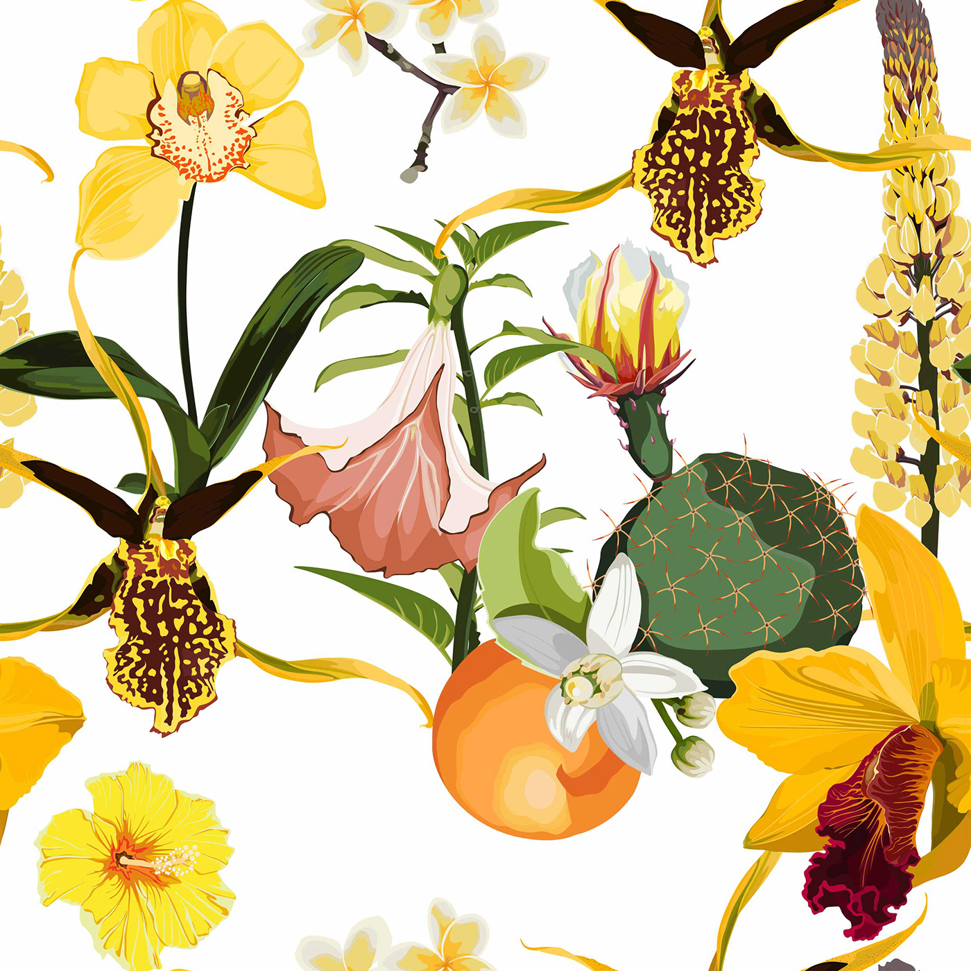 Exotic yellow flowers end leaves seamless pattern.
