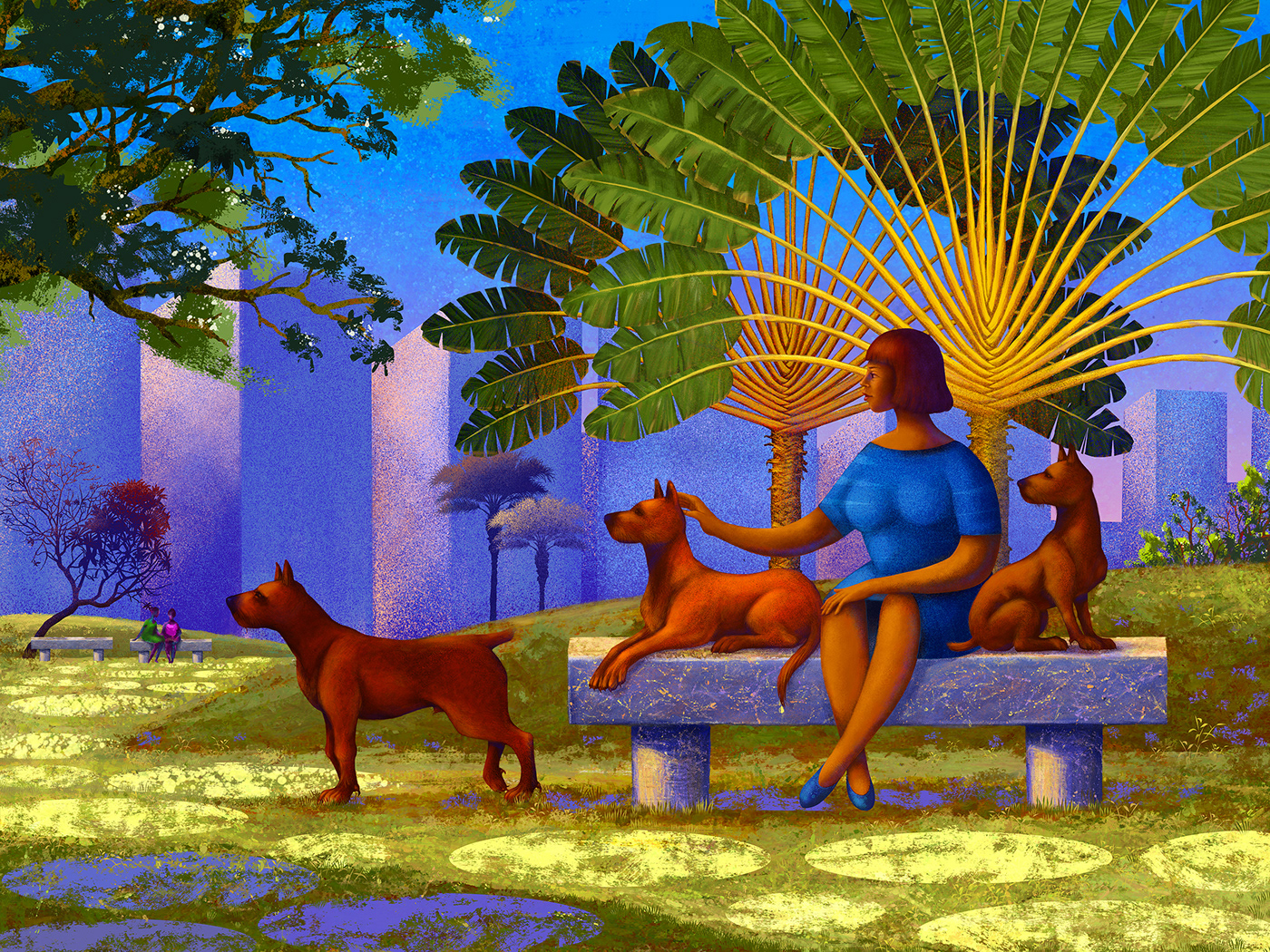 animals Digital Art  dogs grass green Nature painting   square trees woman