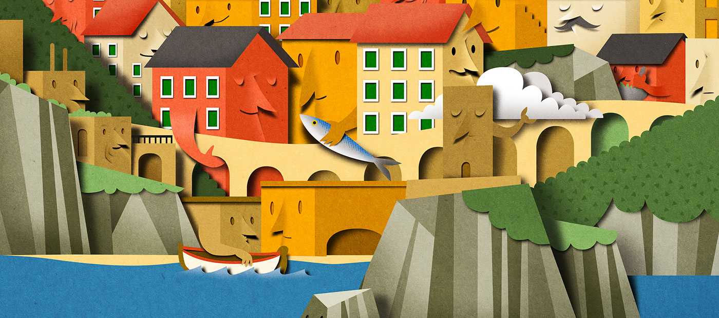 Cinque Terre papercut home sea summer poster illustration liguria Italy