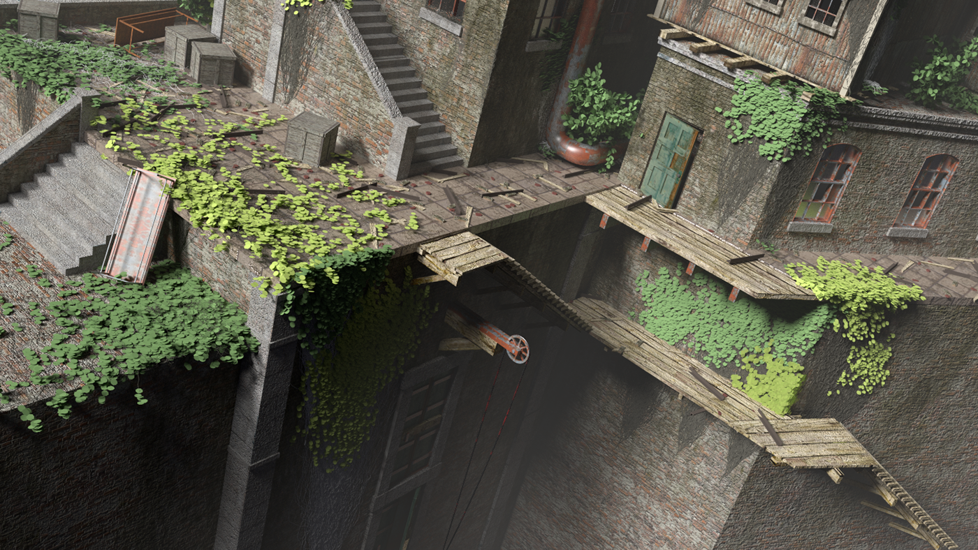 CGI concept art abandoned overgrown factory blender texturing rendering 3D conceptual ivy apocalyptic compositing