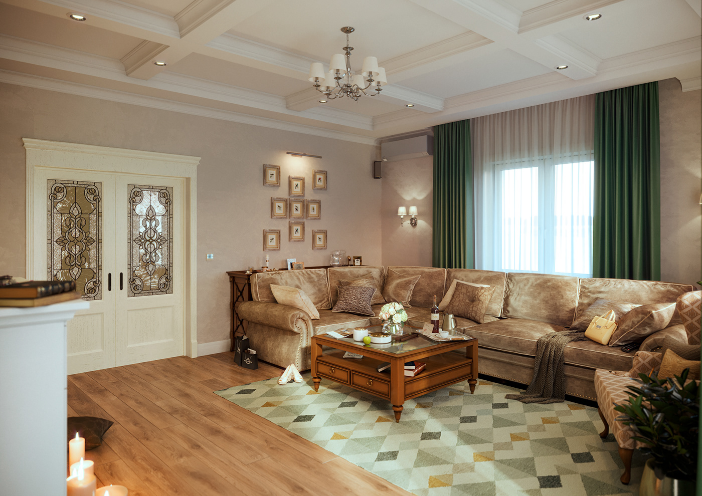 3d max corona Interior romantic mood living room fireplace preparation meeting sunlight