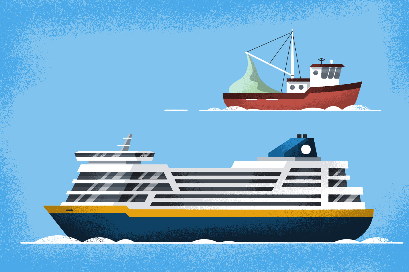 Illustrated icons of the big Scandinavian ferry line and a fisher boat by Adrian Bauer