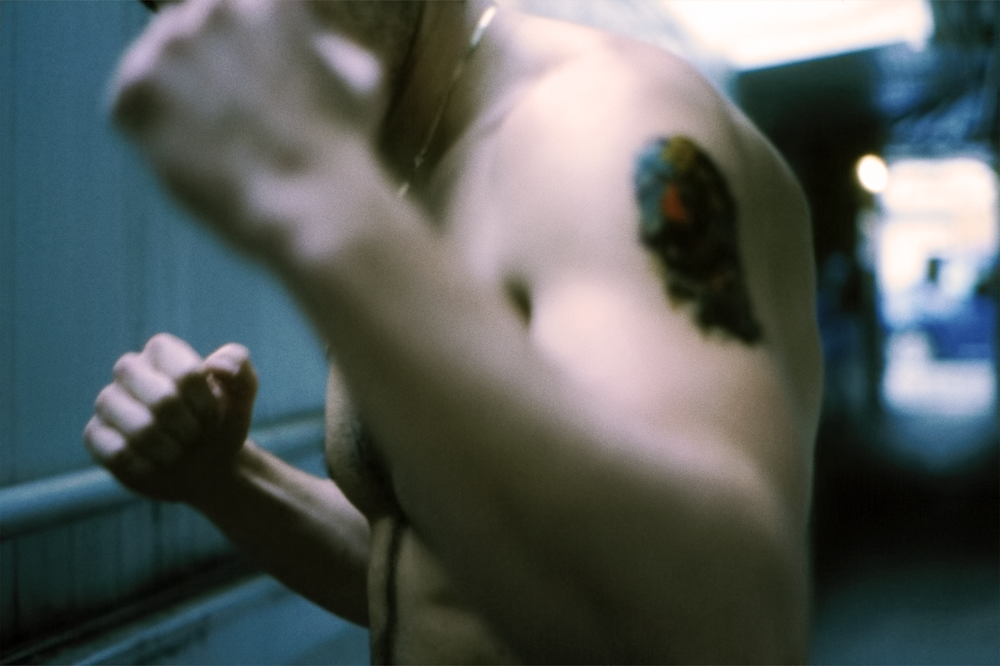 male fight alley Natural Light latino blood tattoo 35mm cross process beef