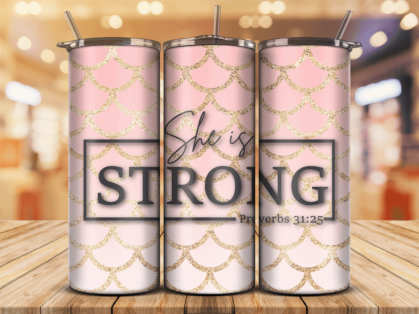 Glitter mermaid pattern with the words: "She is Strong" referencing Proverbs 31:25 